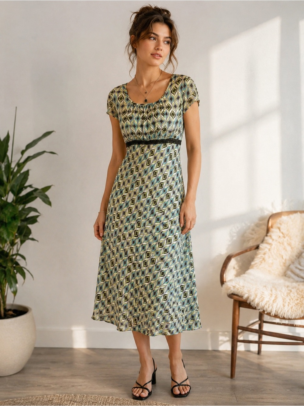 Y2K Dorby Geometric Print Midi Dress Size 8 Retro Empire Waist Flutter Sleeve